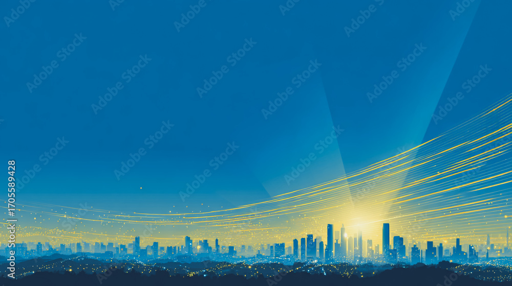 Fototapeta premium Sunshinea city of modern business and smart digital innovation with a network of interconnected rewards over the cityscape of the future smart wireless digital city and social media network