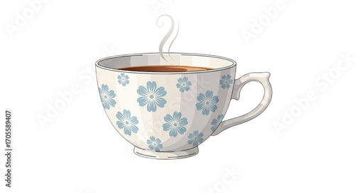 Vintage Teacup with Floral Design and Steaming Beverage.