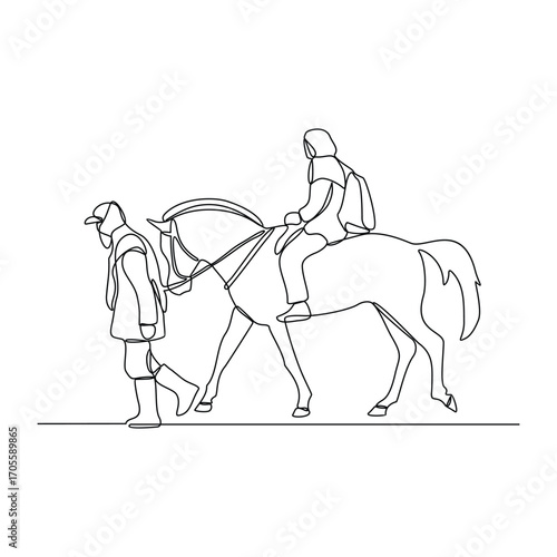 One continuous line drawing of Equestrian activity vector illustration. Equestrian themes illustration in linear style vector concept. Great design for social campaign and animal business purpose.