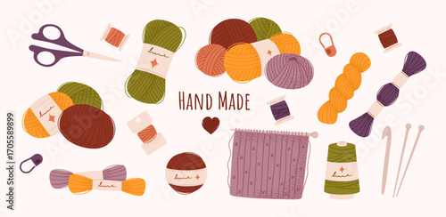 Yarn and threads, skeins of wool, for knitting and crocheting. Handmade hobby concept.