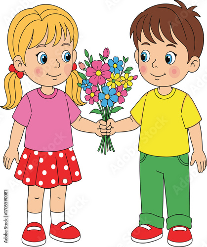 Cartoon children smiling, holding flowers, friendship illustration, happy kids, bouquet, colorful drawing, cheerful moment, cute characters, spring celebration, joy