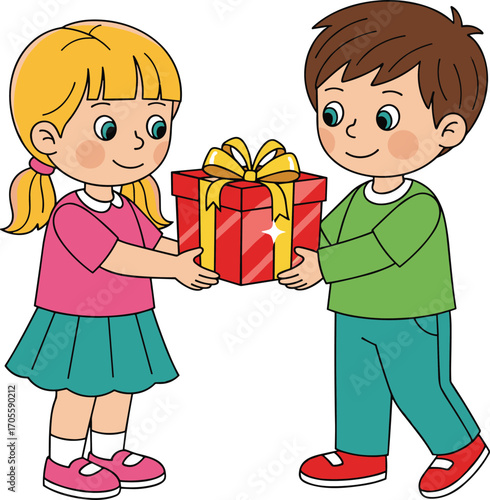 Cartoon children, gift exchange, boy and girl, celebration moment, birthday present, friendship, kindness, smiling kids, colorful clothes, white background, illustration