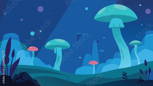 Dreamlike underwater landscape with giant luminous mushrooms ethereal scenery vector illustration