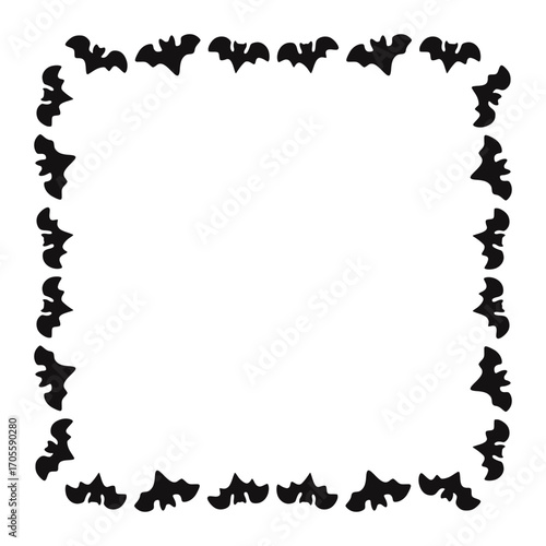 Halloween silhouettes black flying bats square frame - for design decor. Black bats frame. Vector illustration, traditional Halloween decorative border element.