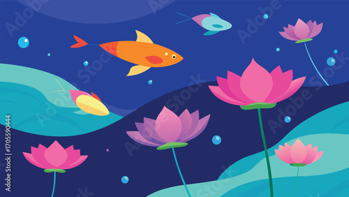 Dreamy underwater landscape with floating lotus flowers and koi fish vector illustration