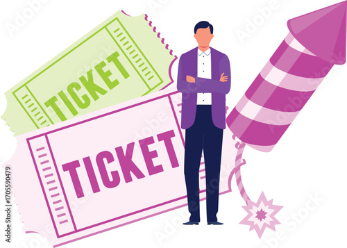 boy with rocket cracker and tickets