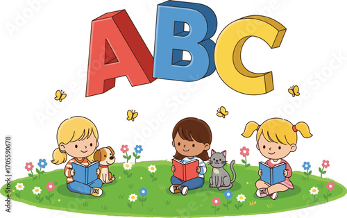 Children reading books, outdoor learning scene, ABC letters, grassy field, colorful flowers, butterflies, pets, cheerful kids, educational illustration, literacy concept