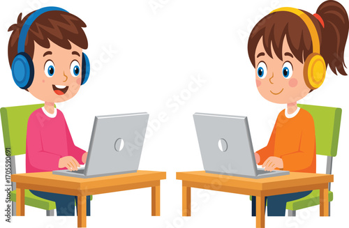 Children, cartoon, laptop, headphones, online learning, digital classroom, kids, technology, education, remote study, e-learning, virtual school, students, desk, colorful, modern, communication, 