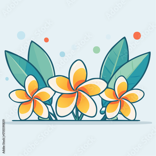 Three Frangipani Flowers with Green Leaves on Light Blue Background