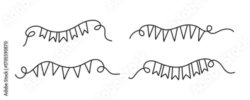 Festive garland decorative elements for different holidays, parties, for Birthday. Doodle bunting flags set. For festive design, decor, baby decorations. Set outline cute pennants party flags.