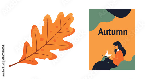 Autumn leaf and woman reading book illustration.
