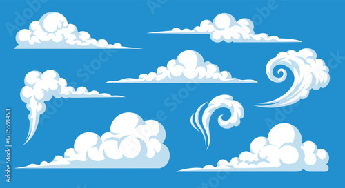 Collection of stylized clouds and smoke effects on a blue background.