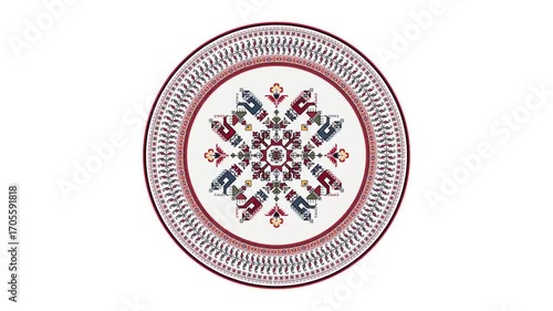 Bulgarian embroidery design element rotating in loop over white background