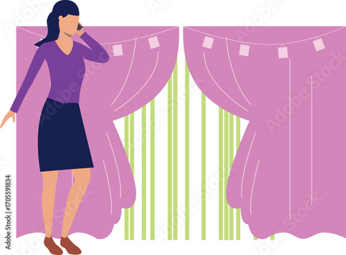 Girl is calling someone in front of curtains
