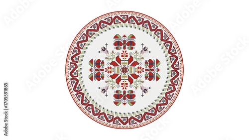 Bulgarian embroidery design element rotating in loop over white background