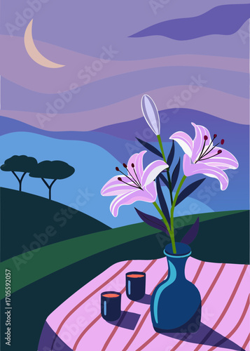 illustration of a vase with flowers with a moon