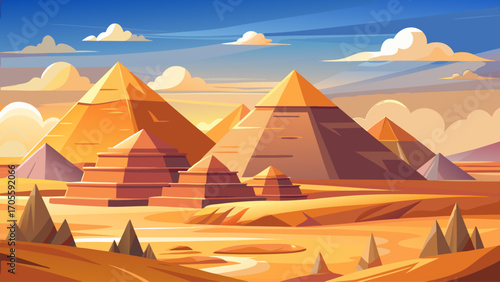 Pyramids of Giza in the desert of Egypt, ancient monumental stone structures built by pharaohs as tombs, symbol of Egyptian civilization and world heritage