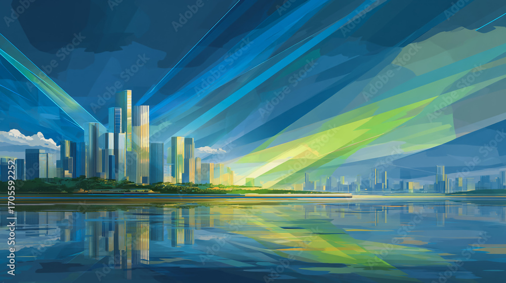 Fototapeta premium Twilight a city of modern business and smart digital innovation with a network of interconnected rewards over the cityscape of the future smart wireless digital city and social media network