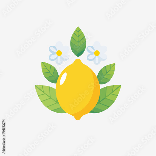 Ripe Yellow Lemon With Green Leaves and White Flowers