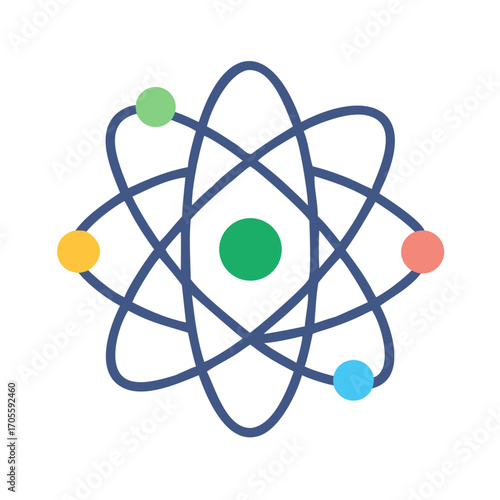 Atom model with orbiting colored spheres on transparent background