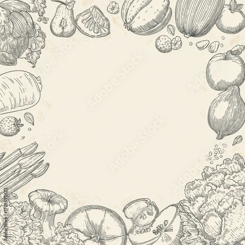Hand-Drawn Vegetable and Fruit Frame with Pear, Apple, Lettuce, and Asparagus on Beige Background