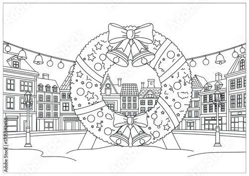 Christmas Wreath vector illustration showing a large festive wreath with bows bells and ornaments displayed in a decorated city square with buildings drawn in line art style
