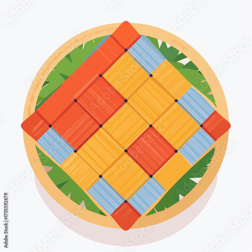 Woven Ketupat Pattern on Green Banana Leaf in Circular Tray