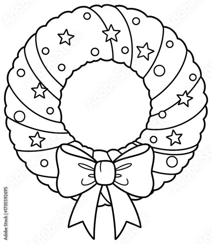 Christmas Wreath vector illustration showing a festive wreath decorated with stars ribbons and ornaments tied with a large bow at the bottom drawn in clean black line art style