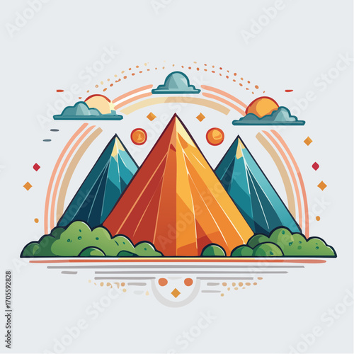 Pixel Art Mountains with Colorful Sunset and Clouds
