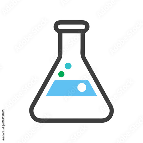 Erlenmeyer flask with liquid and bubbles on transparent background