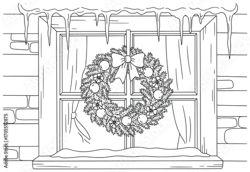 Christmas Wreath vector illustration showing a festive wreath with ribbon ornaments and flowers hanging on a window surrounded by curtains and icicles drawn in black line art style