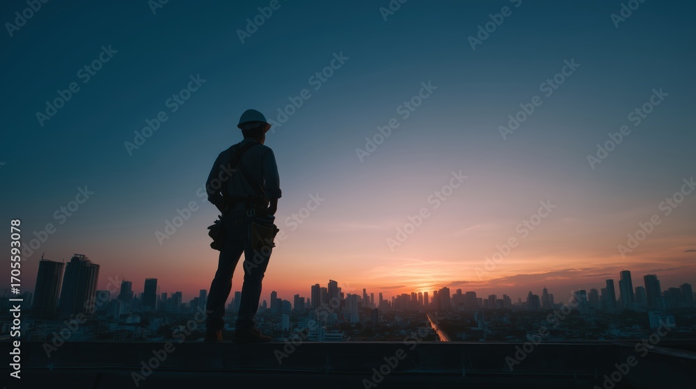 Fototapeta premium Construction worker silhouette on rooftop at sunset, industry and city skyline