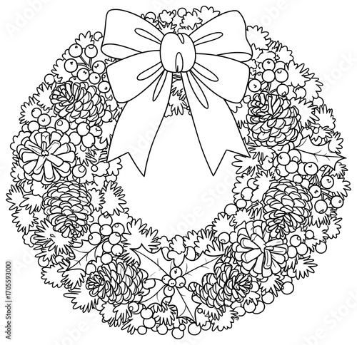 Christmas Wreath vector illustration of a detailed festive wreath decorated with pinecones berries holly leaves and a large bow drawn in black line art style