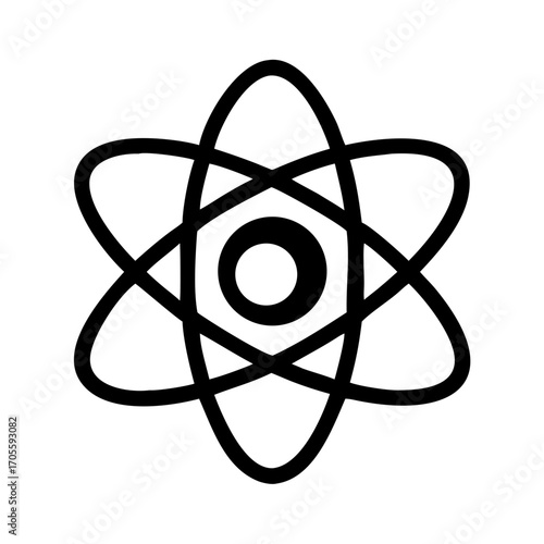Black atom symbol with orbital electrons on transparent background