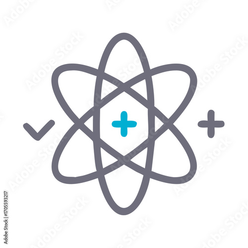Atom model with plus and checkmark symbols on transparent background