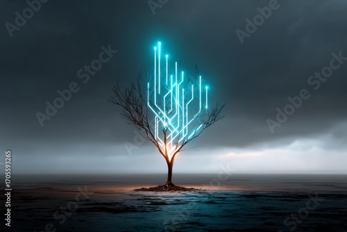 The bare tree stands alone and it has bright blue geometric patterns where leaves could be.