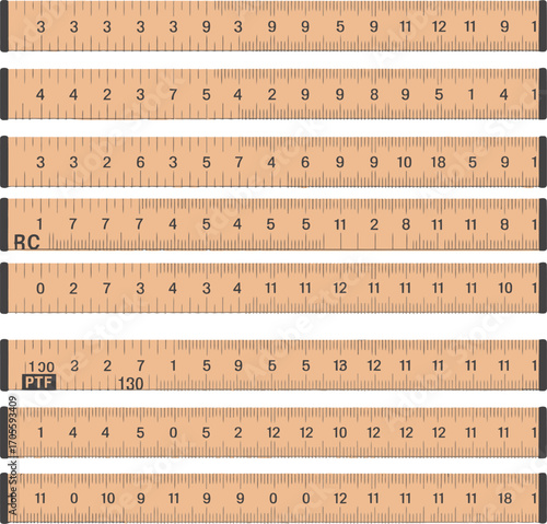 Black and White Illustration of Eight Horizontal Wooden Measuring Rulers Marked in Centimeters and Millimeters, Featuring Varied Numbering Scales and Printed Labels Including “RC” and “PTI” — Stylized