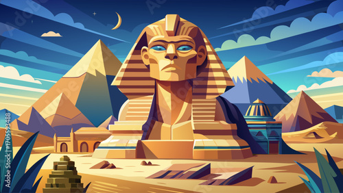 The Great Sphinx of Giza, colossal statue with lion body and human head, carved from limestone near the pyramids, representing strength, mystery, and Egyptian mythology