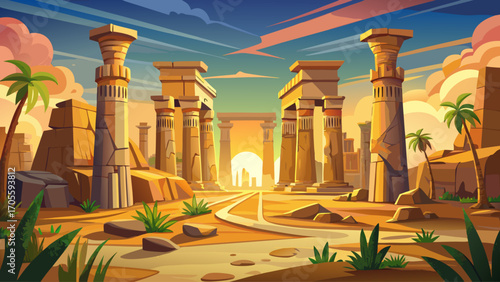 Ancient ruins of the Karnak Temple in Luxor, with massive stone columns, detailed hieroglyphs, and monumental gateways, sacred site of worship for the gods of Egypt