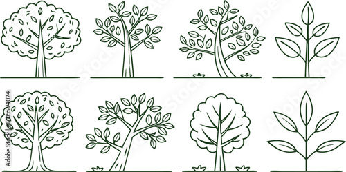 Set of green tree icons in minimal outline style with leaves and branches. Eco-friendly botanical illustration perfect for logos, web, and graphic design projects. Ideal for nature, environment, 