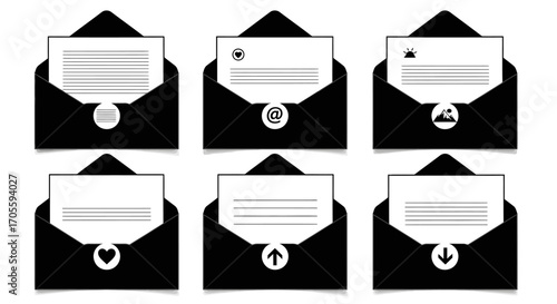 Set of Six Black Envelopes with Various Letter Contents and Icons