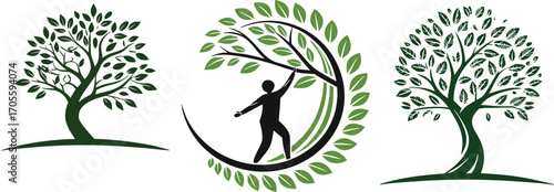 Decorative tree illustrations with branches and leaves, featuring a circular design with a person balancing inside. Symbolic vector art for nature, growth, and sustainability. Green silhouette
