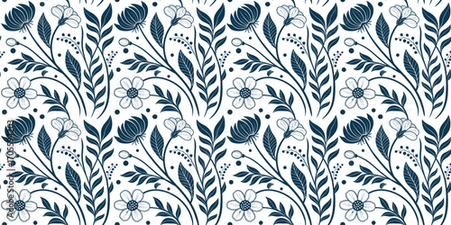 Blue seamless floral pattern with blooming flowers, buds, and leaves, perfect for textile, wallpaper, and decorative backgrounds. Elegant botanical motif with detailed symmetry. Stylish ornamental 