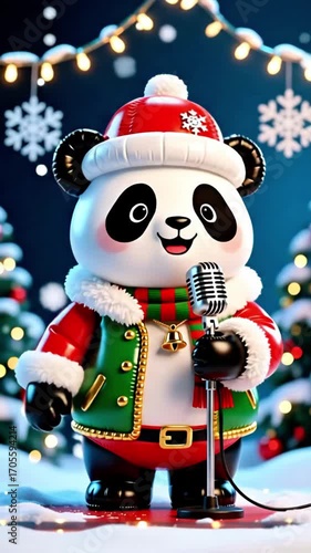 Cheerful panda dressed in festive attire singing holiday tunes in a winter wonderland