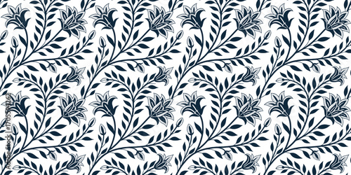 Blue seamless floral pattern with decorative leaves and blooming flowers, perfect for textile, wallpaper, and background use. Elegant botanical motif with symmetry and detail. Stylish ornamental 