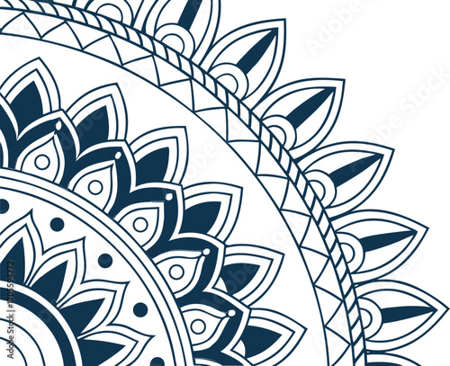 Blue mandala ornament with detailed petals and geometric symmetry, perfect for decorative backgrounds and artistic projects. Intricate bohemian circular motif for creative design. Elegant ethnic 