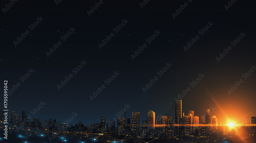 Fototapeta premium Sunshine a city of modern business and smart digital innovation with a network of interconnected rewards over the cityscape of the future smart wireless digital city and social media network