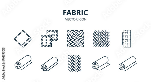 A collection of vector icons representing different types of fabric textures and rolls, presented in a clean, minimalist line art style.