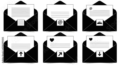 Six black open envelopes with white letters, each featuring different communication and social media icons like @, heart, and arrows, representing digital messaging concepts.