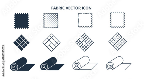 Collection of fabric vector icons, including swatches, patterns, and rolls, suitable for textile design.